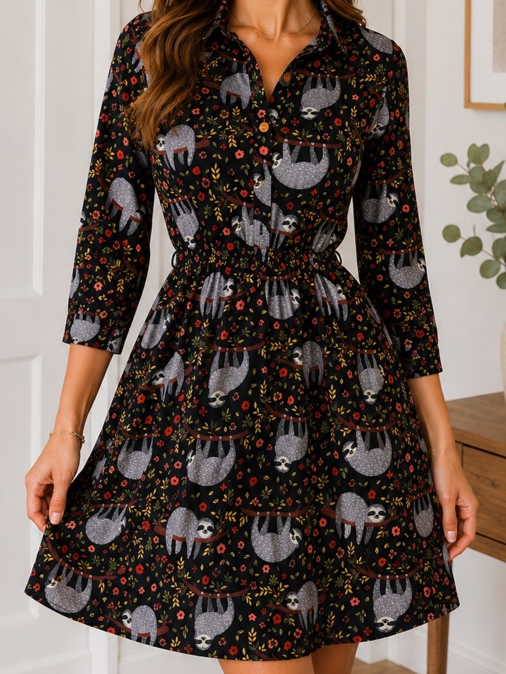Paper Plane London Black Floral Sloth Print Shirt Dress Button Front Size S